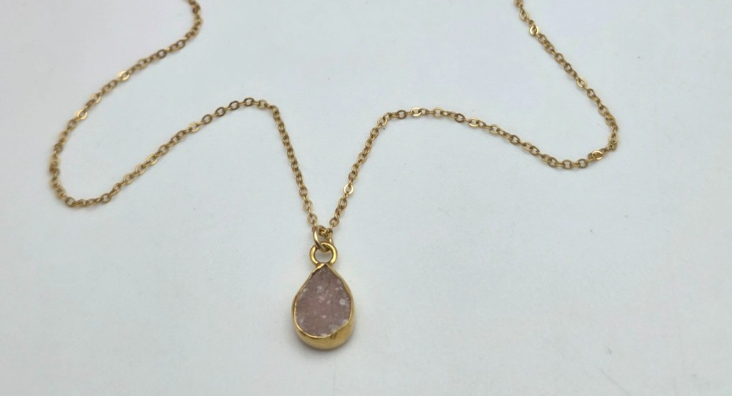 MSCO 1/20 14K GF Rose Quartz Drusy Teardrop Necklace Reversible 18 in Reverisble