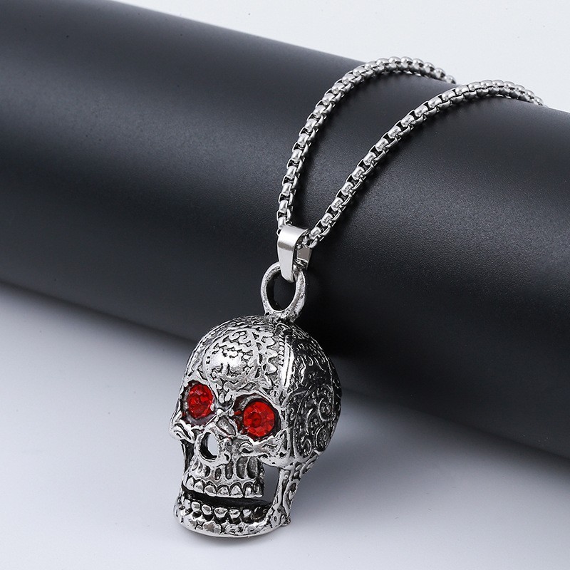 Men’s Skull Pendant Necklace Red Eye Gothic Punk Halloween Jewelry Biker Vintage