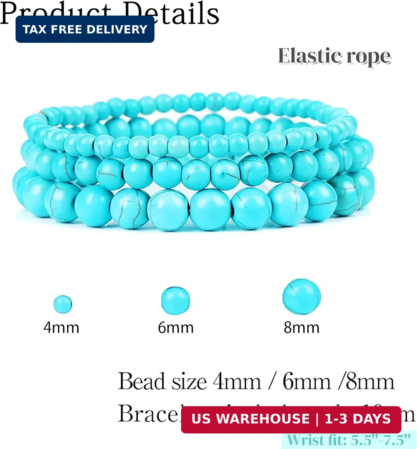 3Pcs Healing Crystal Turquoise Bracelets for Women Men 8mm 6mm 4mm Natural Stone