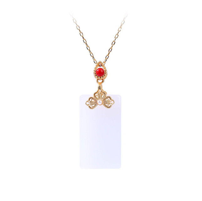Ivory Jade Pendant Necklace Charm 18K Gold Plated Chain Retro Dainty Gemstone