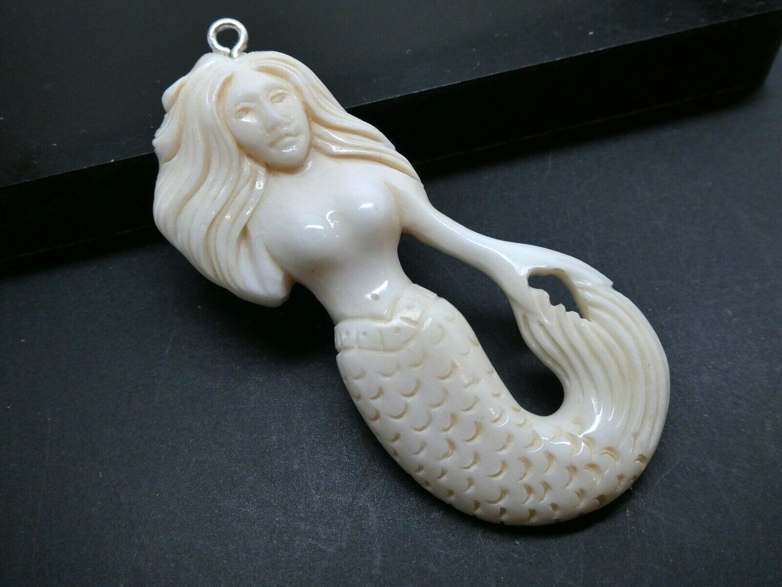 Siren Mermaid Sterling 925 Water Buffalo Bubalus Bubalis Bone Pendant & Cord