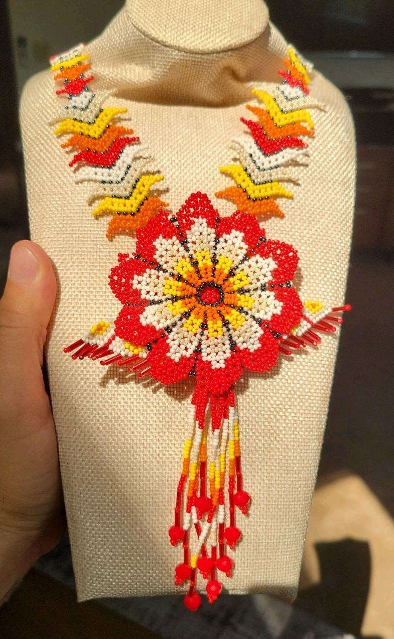 Handmade beaded Yellow White Red And Orange Hummingbird Necklace