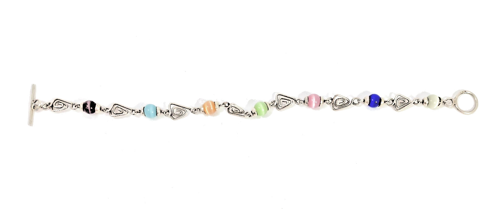 925 Silver & Multicolored Cat’s Eye Glass Triangle Link Chain Bracelet 8 in long