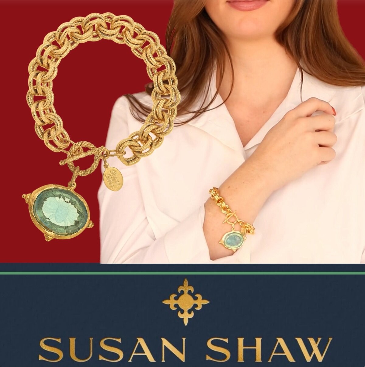 Susan Shaw Jewelry Venetian Glass Bee Double Link Chain Bracelet 24k TPG