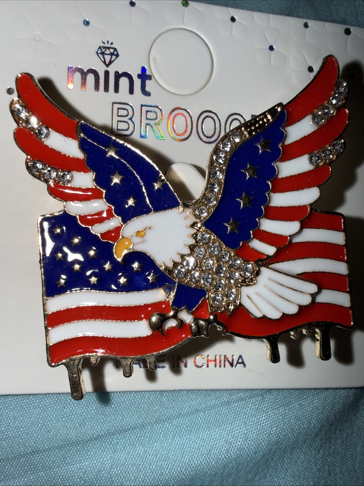 Gold Red White & Blue Rhinestone Crystal Eagle Pin Americana Patriotic New