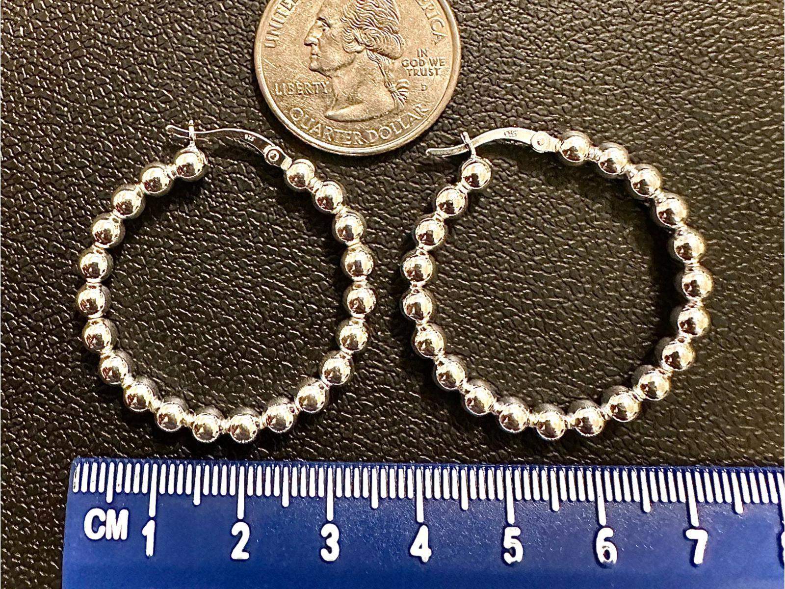 925 Sterling Silver Hoop Earrings 35mm Beaded Ball Hoops Women