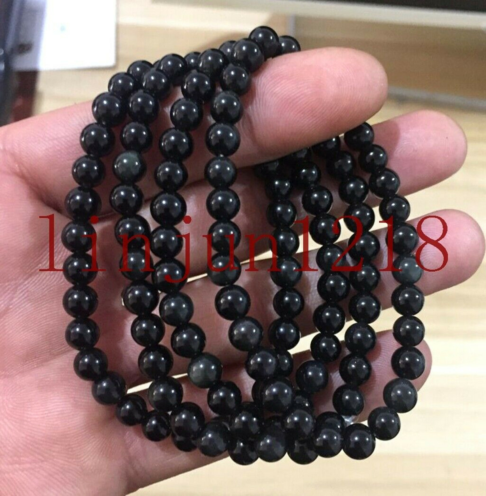 4pcs 6mm Black Rainbow Obsidian Gemstone Beads Bracelet Bangle 7.5”AAA