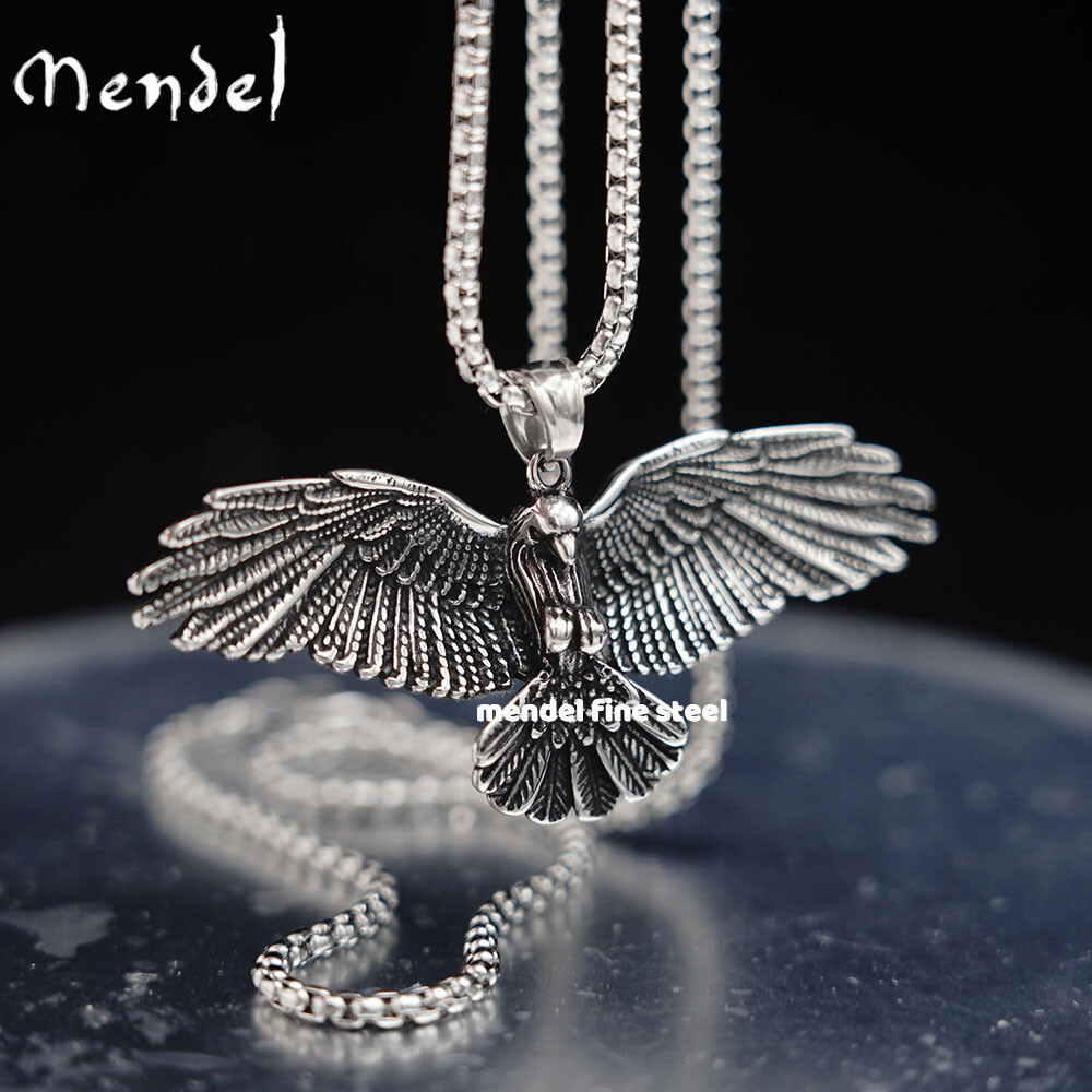 MENDEL Stainless Steel Mens Norse Viking Odin Raven Crow Biker Pendant Necklace