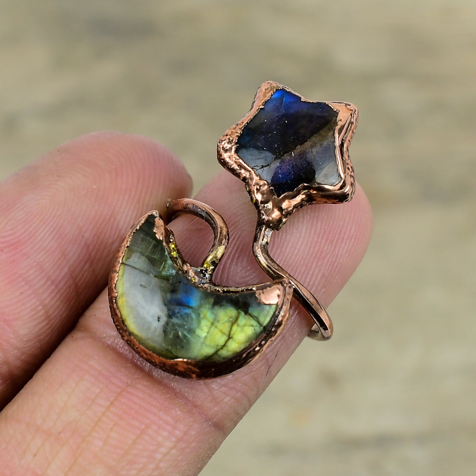 Labradorite Electroformed Moon And Star Adjustable Ring Size Adjustable Copper
