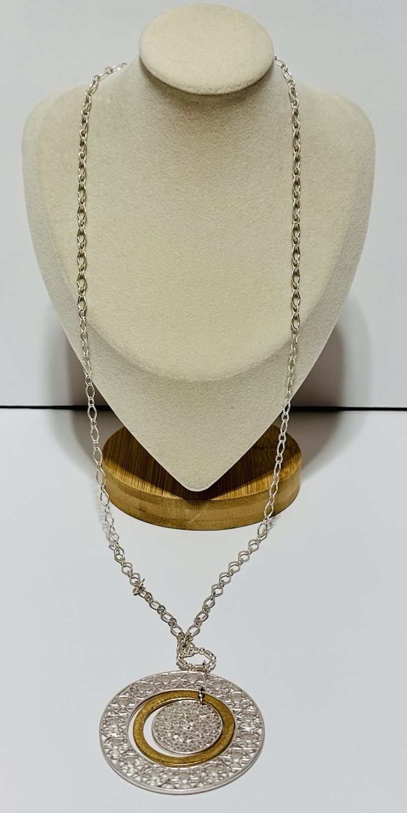 Silver Tone Necklace With 3 Circle Textured Pendants Gold And Silver Tone 31in.