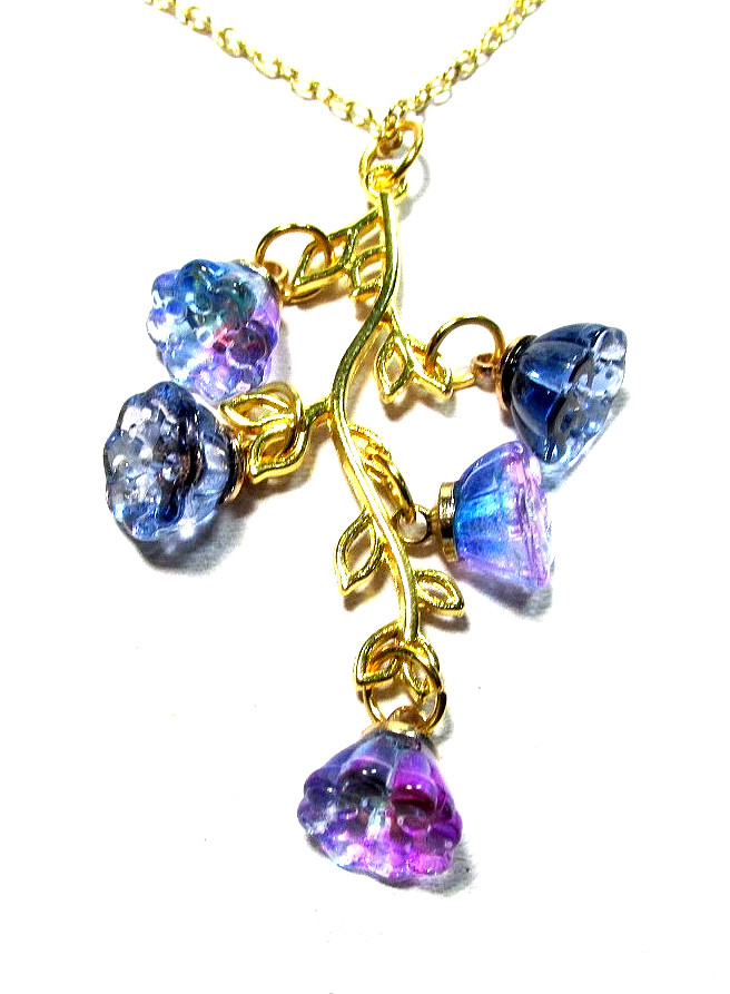 Gold Tone Blue Purple Glass Flower 18″ Necklace & Pierced Earrings -NWOT (#3298)