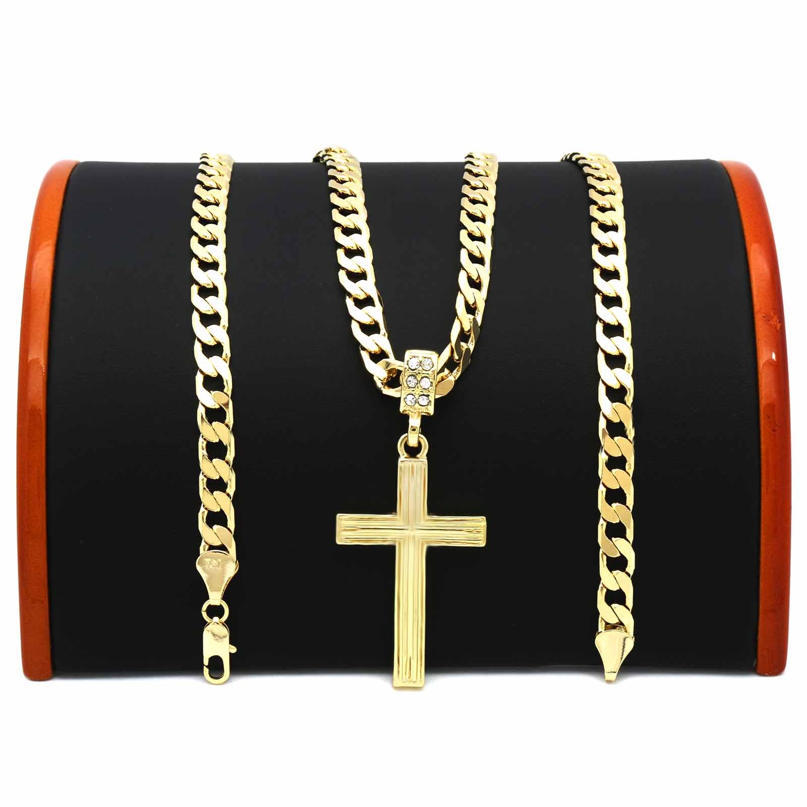 Men’s 14k Gold Plated Flat Miami Cuban chain Necklaces on Two Cross Pendant 12