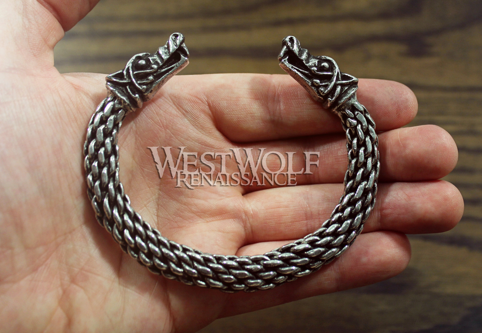 Large Silver Viking Wolf Head Bracelet/Torc — Norse/Medieval/Pewter/Jewelry
