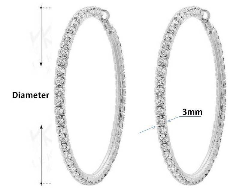 1 Pair Silver Clip On Rhinestone Hoop Earrings Extra Large 2 1/2″ Or 65 MM