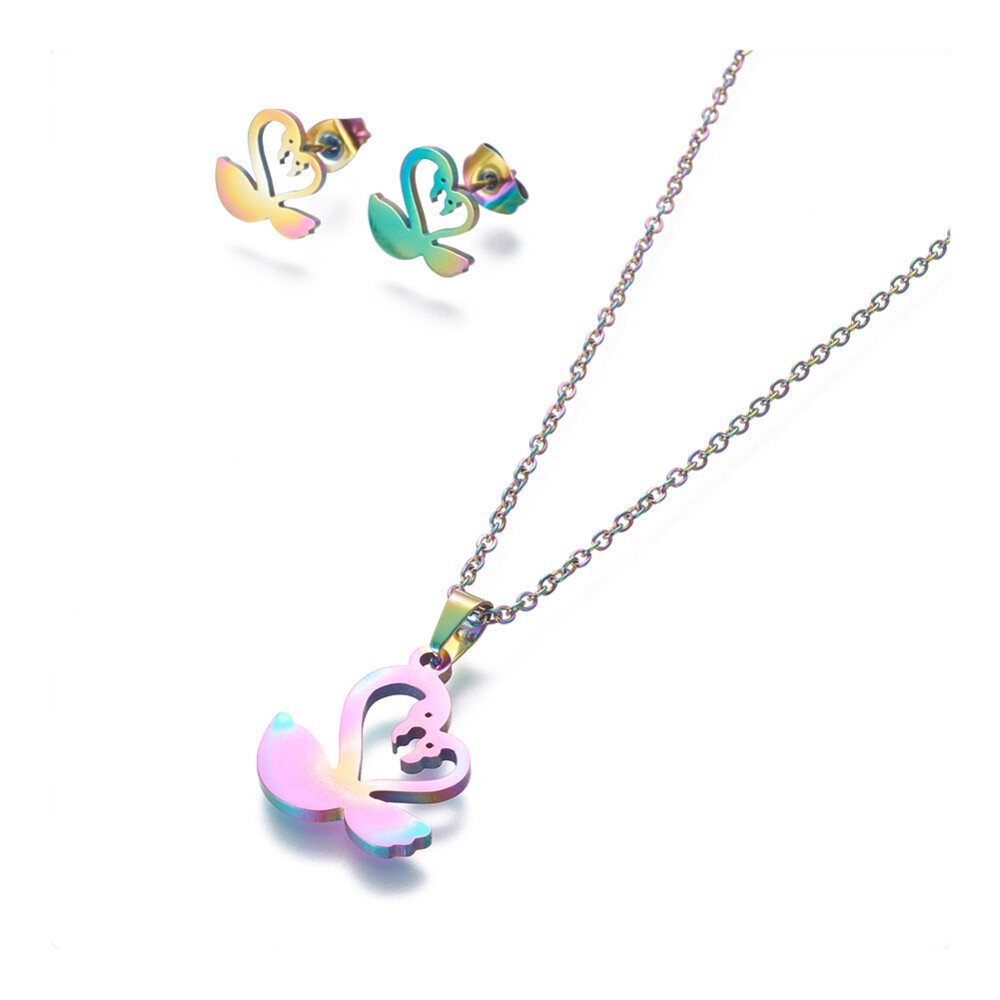 Stainless Steel Set Stud Earring Pendant Necklace Swan 17.7″ Pin 0.8mm P485