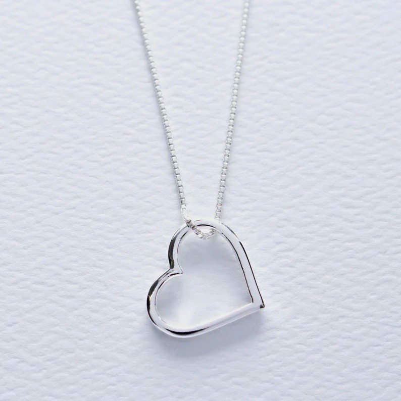 Silver Tone Open Heart Charm Pendant Necklace, Box Chain, Love, No Stone