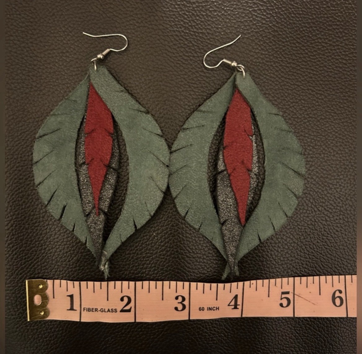 Leather Green Red Black Leaf Dangle Hook Earrings, No Stone, 4 in