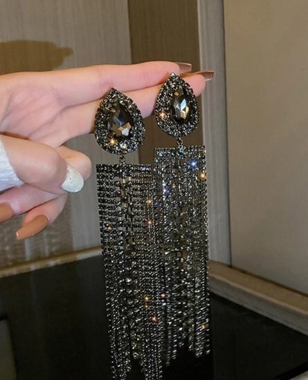 Evening Prom Wedding Extra Long Rhinestone Crystal Black Tassel Dangle Earrings