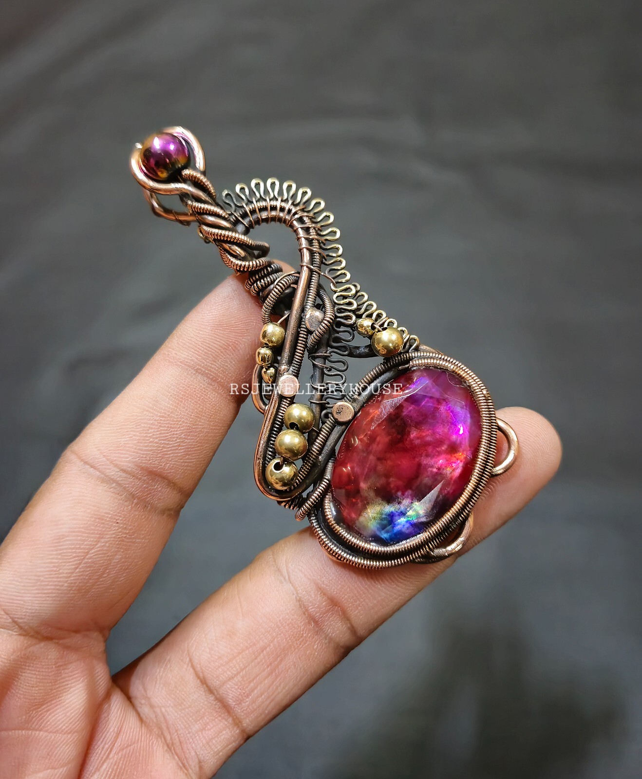 Ammolite Pendant Copper Wire Wrapped Pendant Ammolite Gemstone Pendant Jewelry
