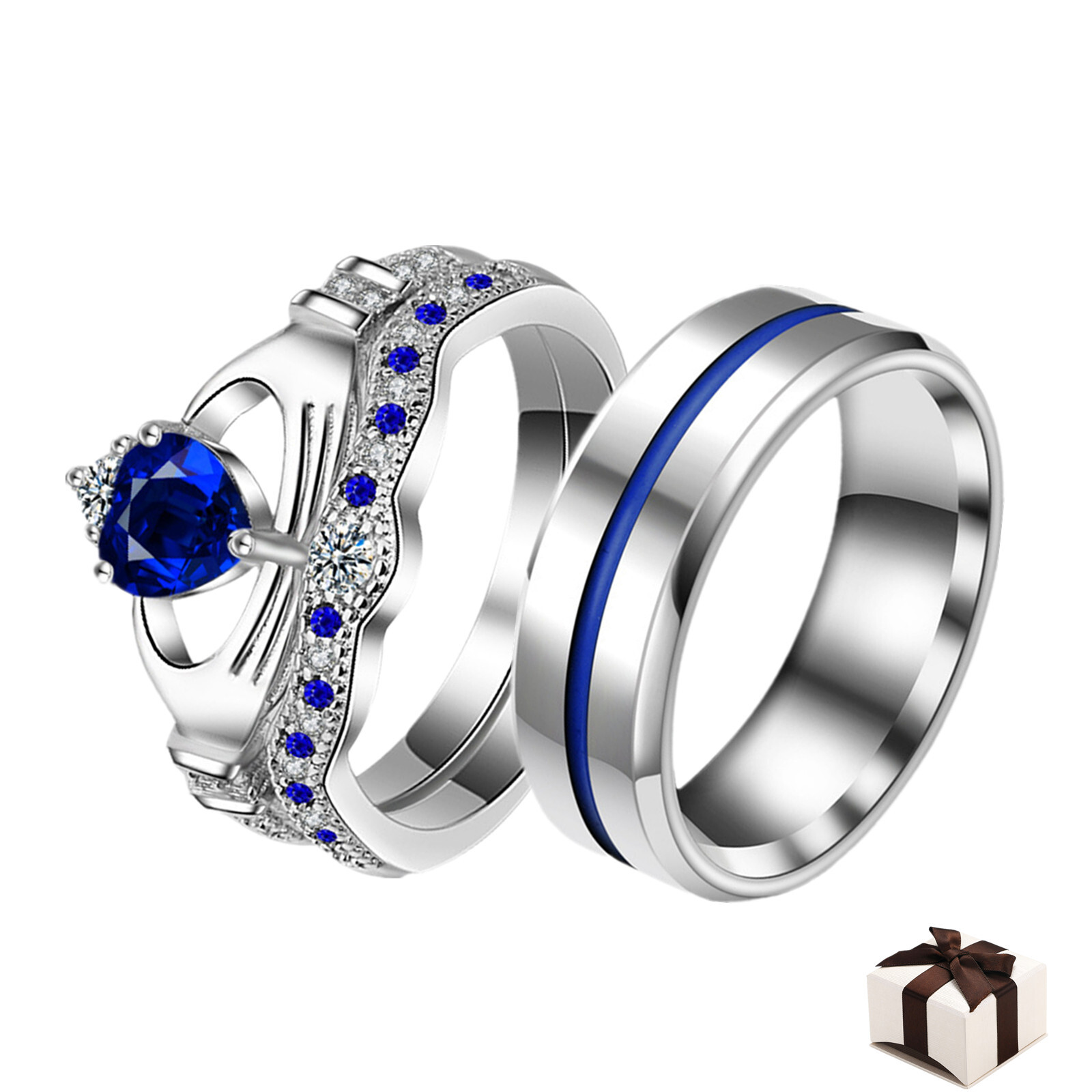 Couple Ring Bridal Set Men Blue Groove & Women Heart CZ Wedding Engagement Band