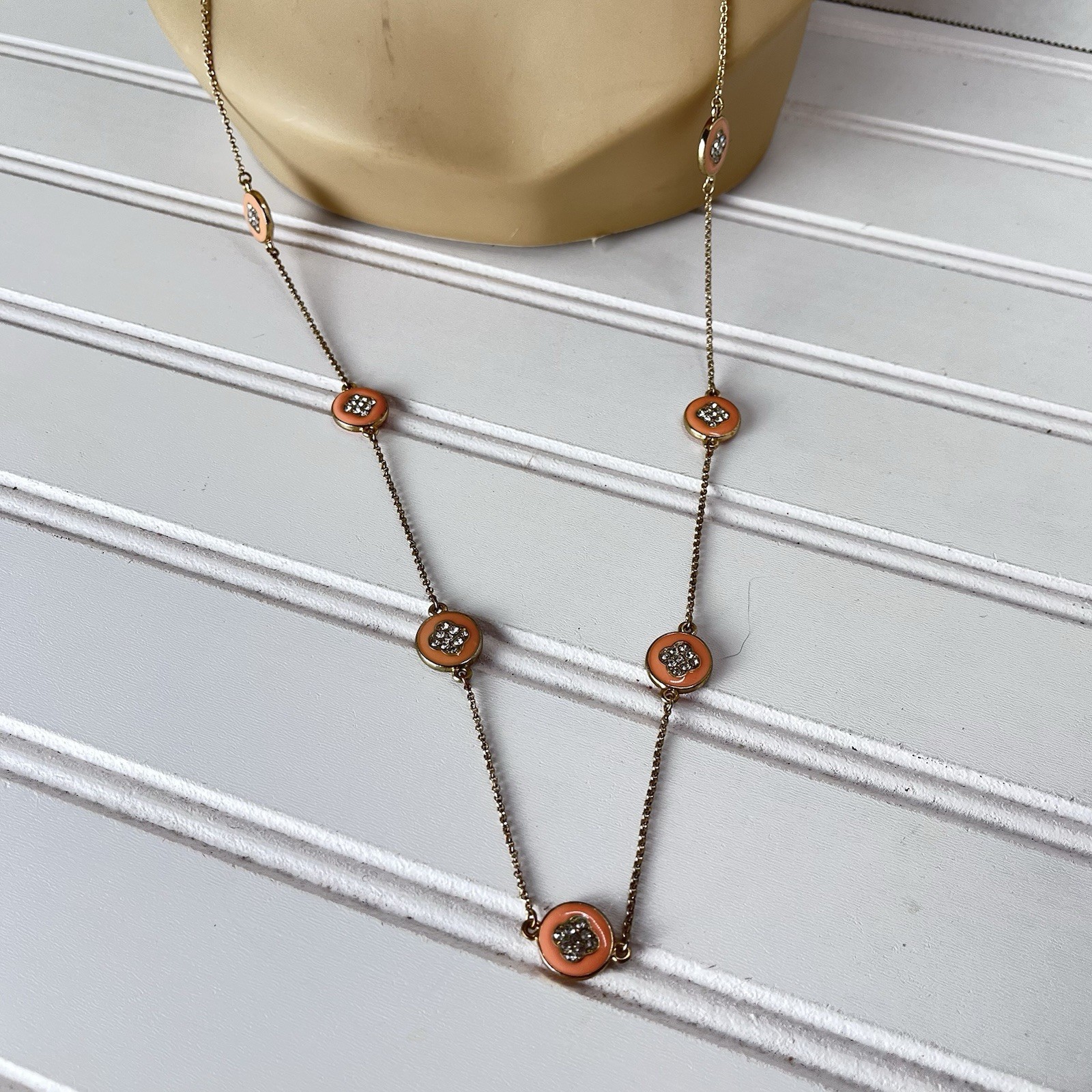 Vtg 1990s Peach Enamel & Rhinestone Double Sided Station Necklace- Gold Tone 34”