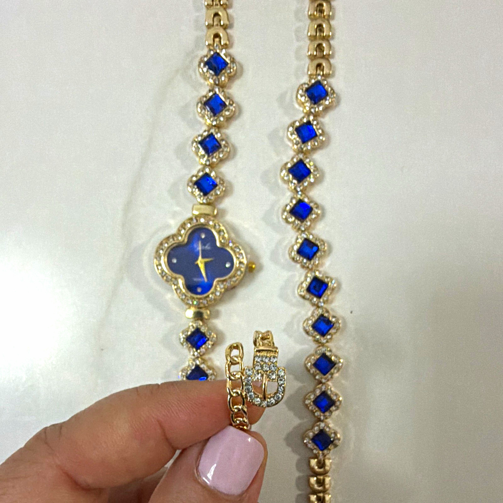 Gold Tone Blue Crystal Rhinestone Watch Bracelet & Ring Jewelry Set