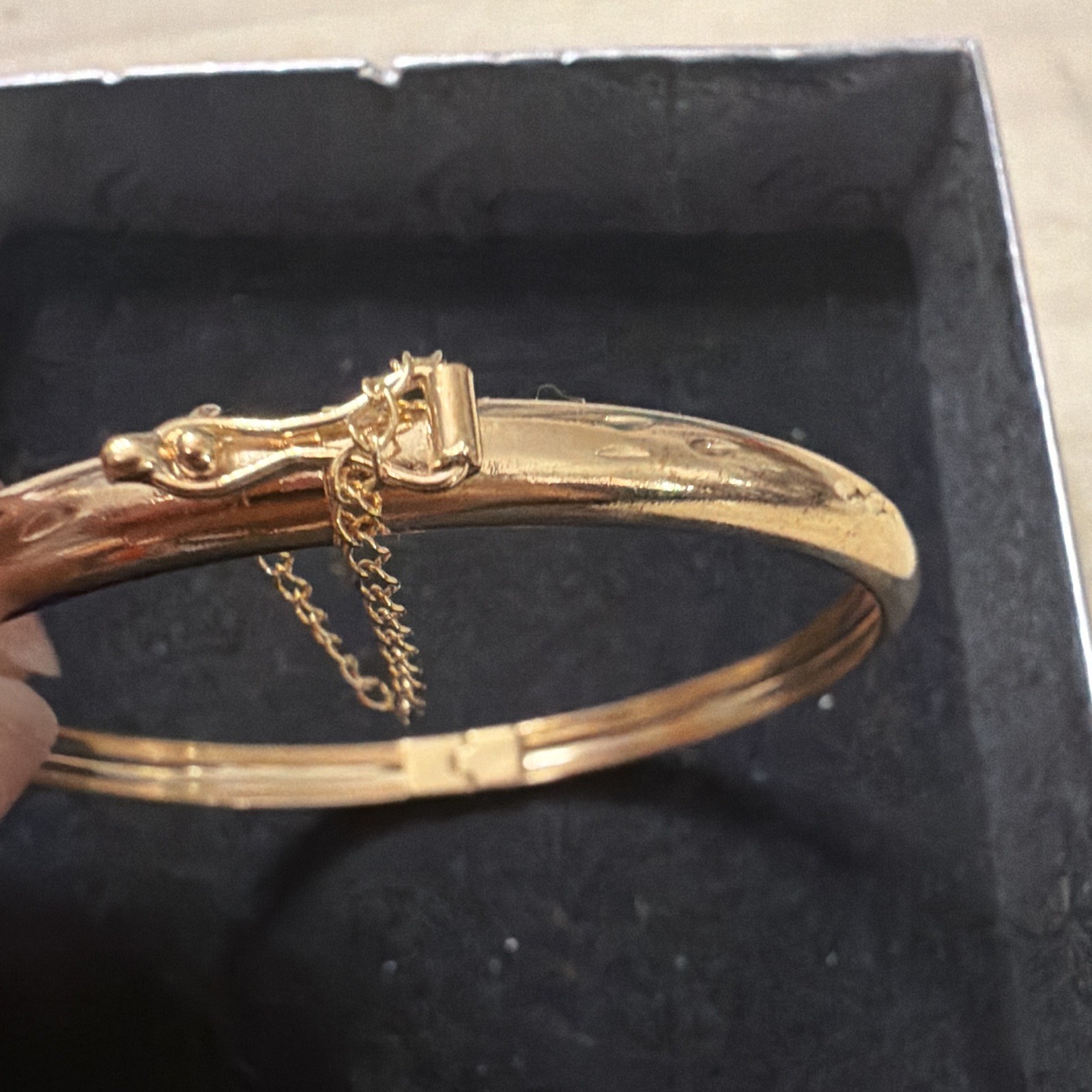 Gold Tone Bangle Bracelet with Push Lock Closure & Safety Chain Metal No Stone