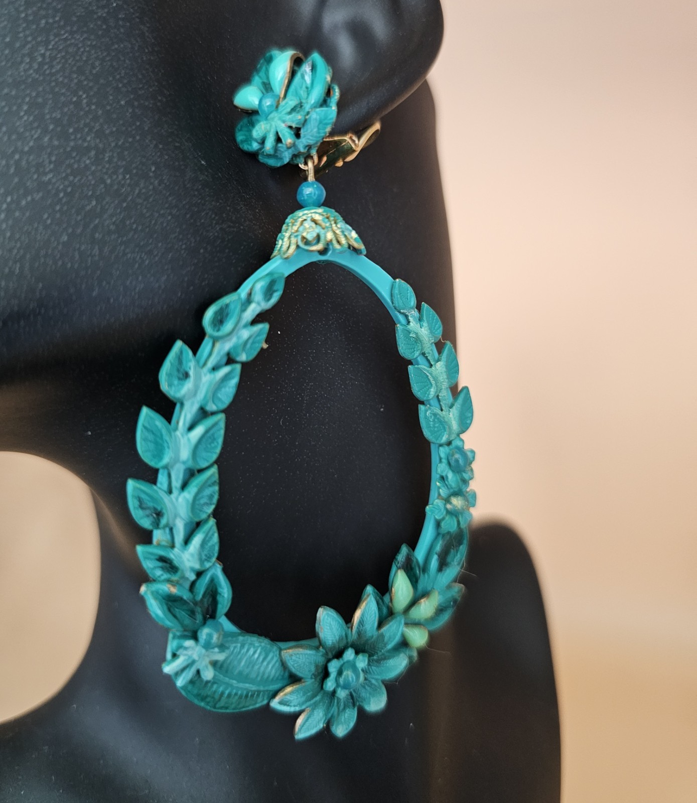 Dublos Seville Spain Floral Statement Earrings Turquoise Hand Painted 4″…