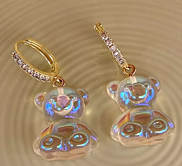Adorable TEDDY BEAR Rhinestone Gold Clear Dangle Betsey Johnson Earrings