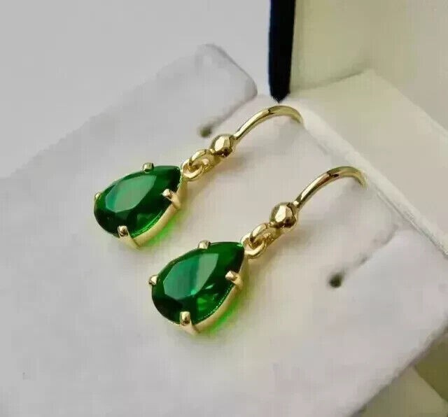 2Ct Pear Cut Simulated Emerald Drop Dangle Earrings 14k Yellow Gold Plated