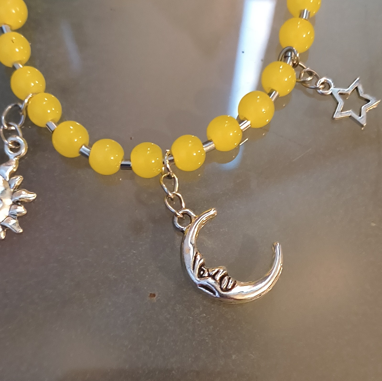 Yellow Beaded Charm Bracelet Sun Moon Star Dangles, Slide Closure Silver