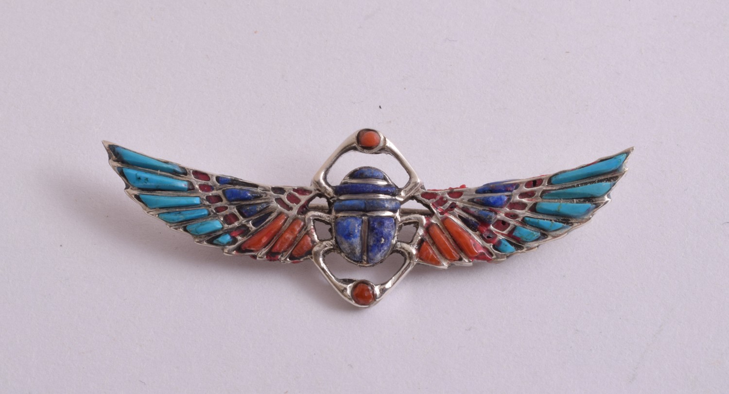 Egyptian scarab Silver Brooch,Revival, Turquoise, red coral , lapis Lazuli