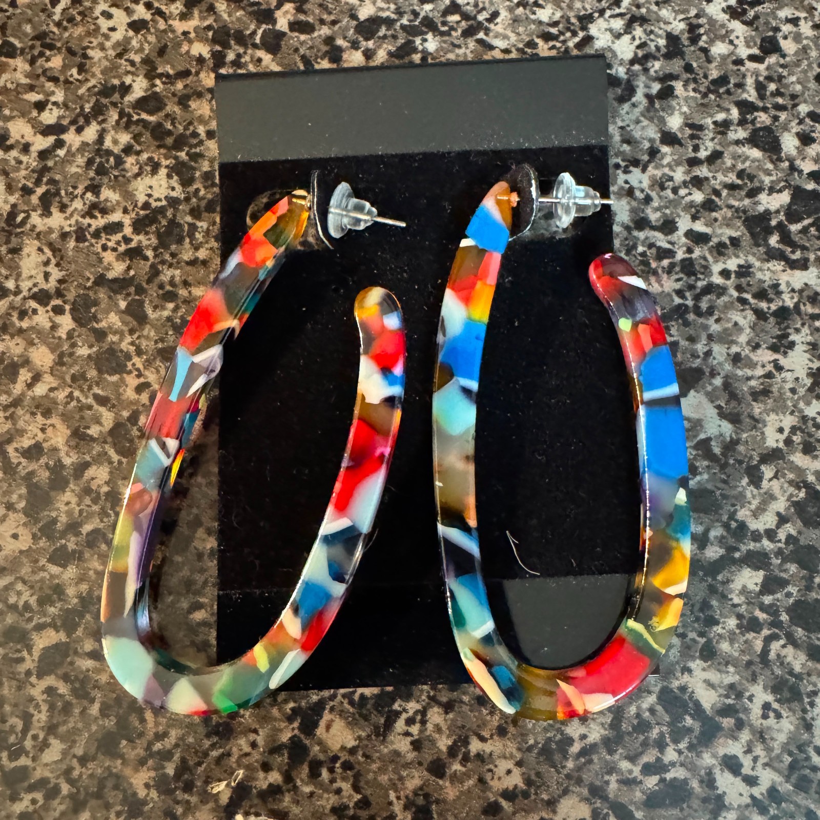 New Multicolor Resin Acrylic Oval Hoop Earrings Confetti Terrazzo Statement 3″