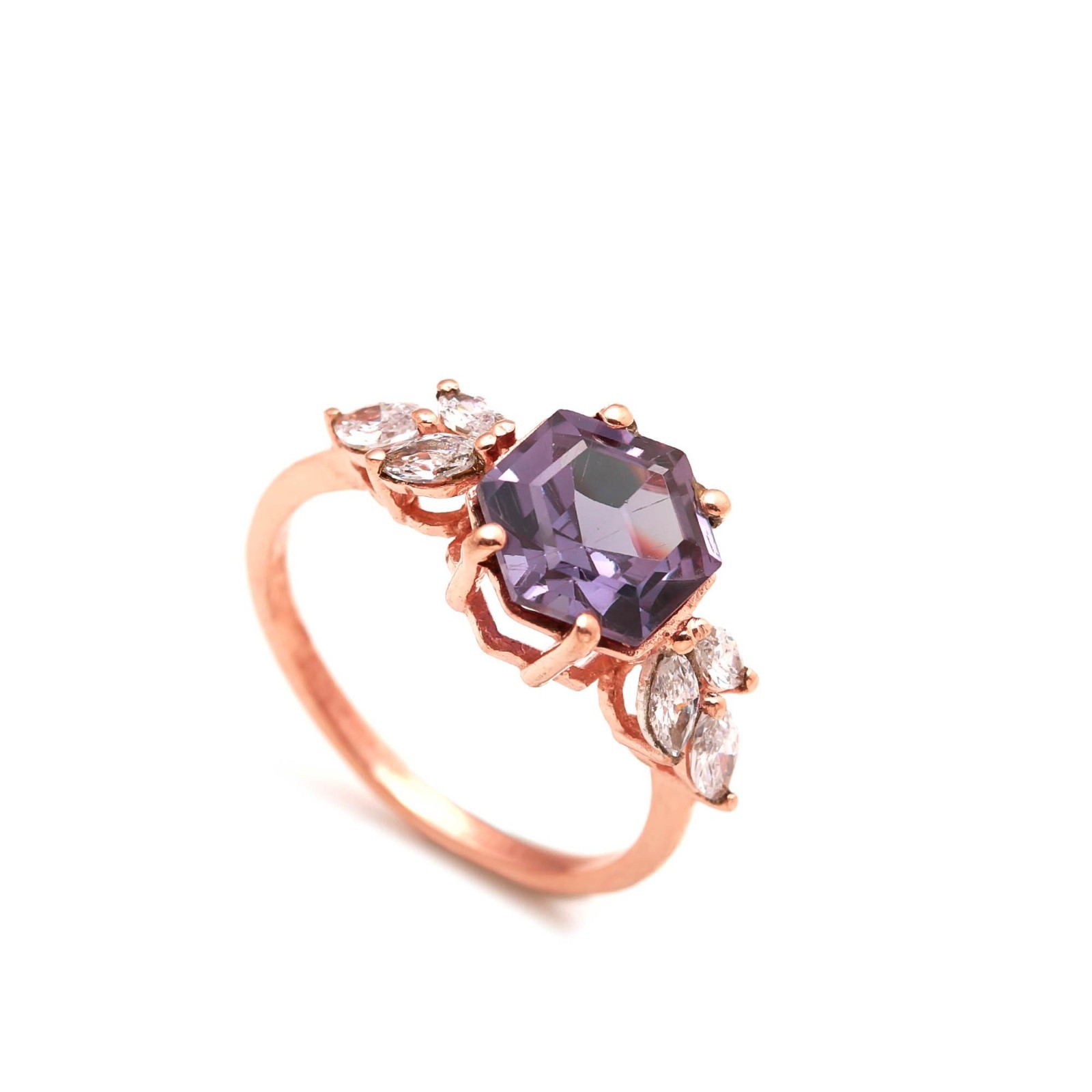 Color Changing Alexandrite Hexagon Ring Rose Gold Plated Solid Silver Jewelry