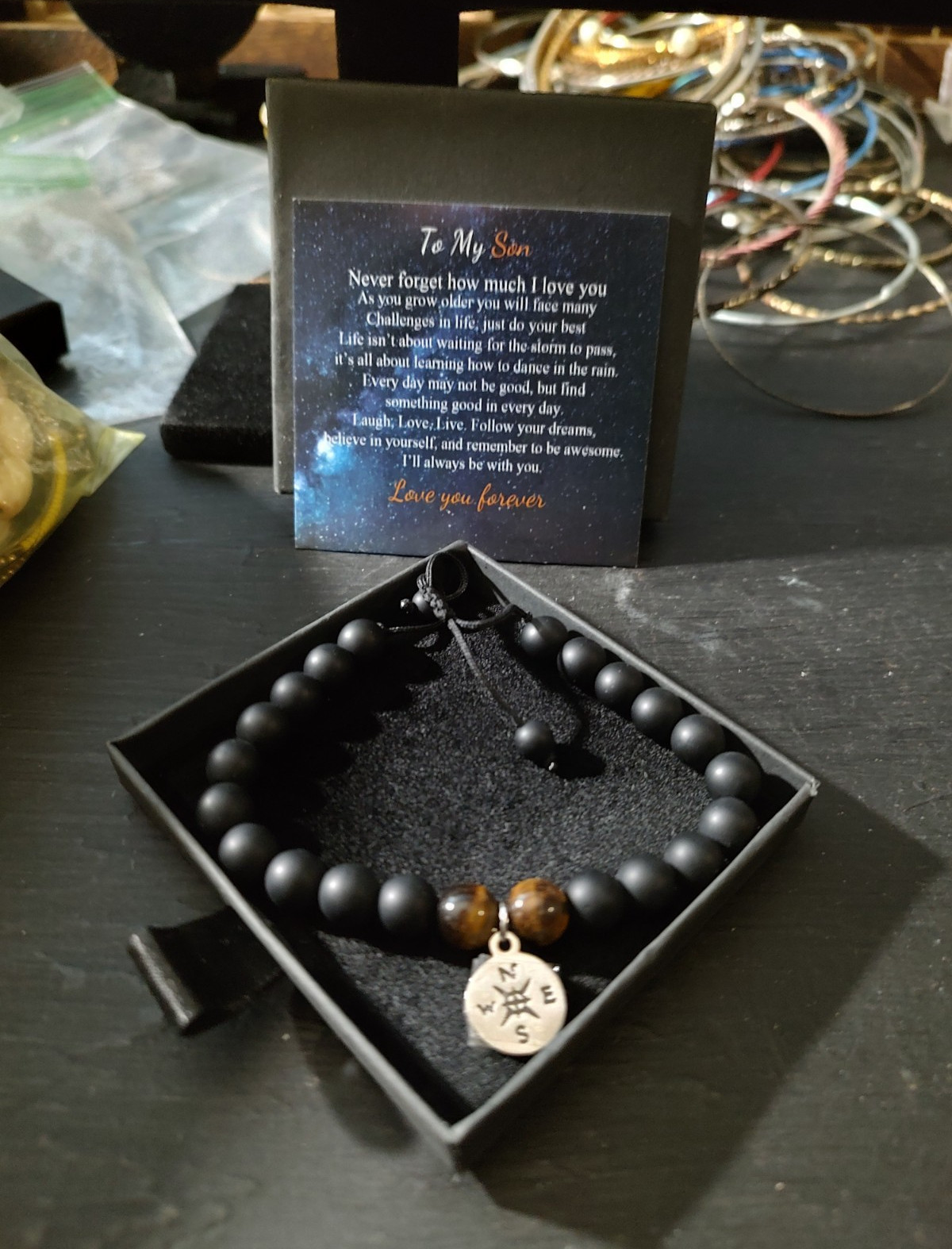 Black Tiger’s Eye Round Stone Beaded Adjustable Bolo Bracelet, To My Son
