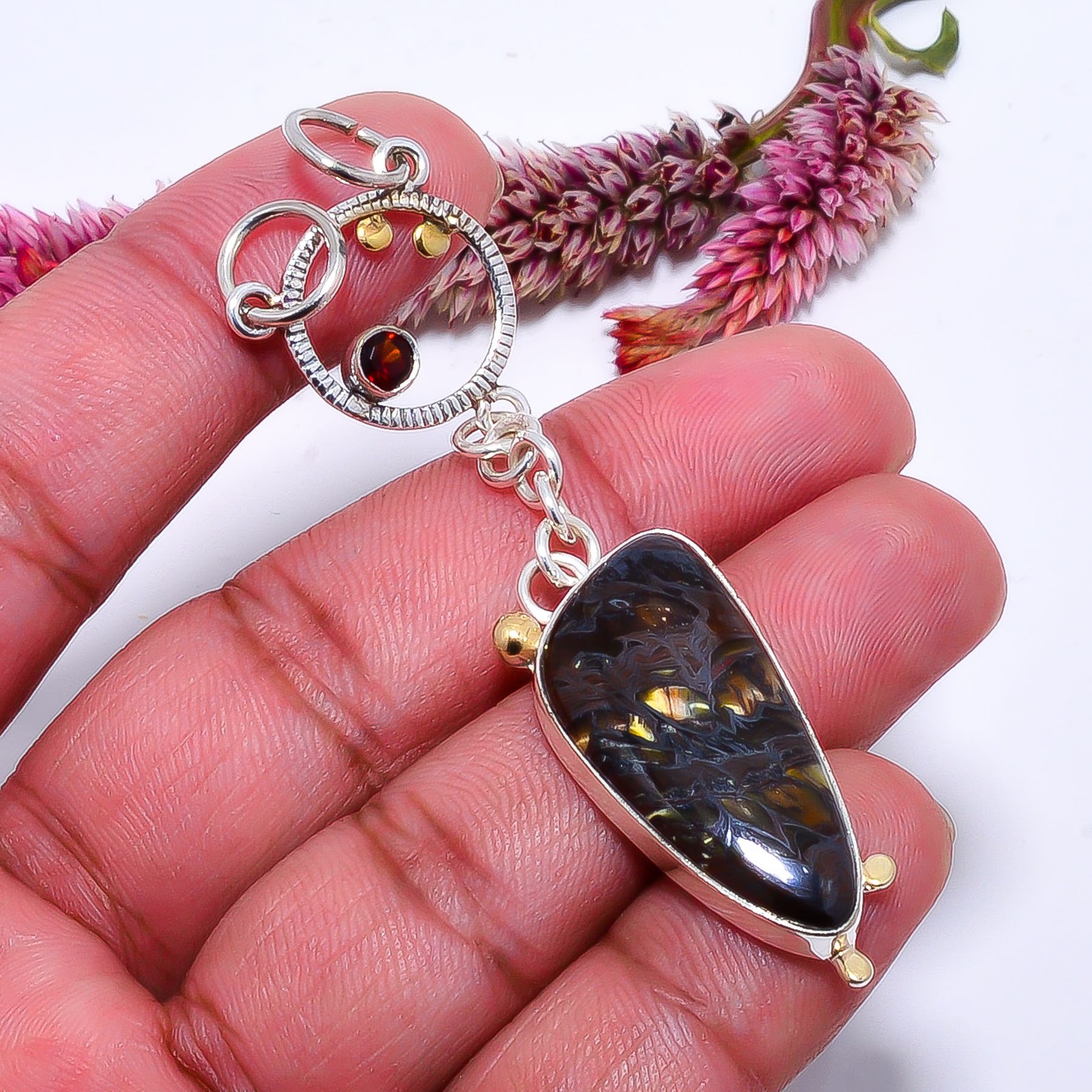 Iron Tiger Eye & Red Garnet 925 Solid Silver Two Tone Pendant 2.73″ P1037111461