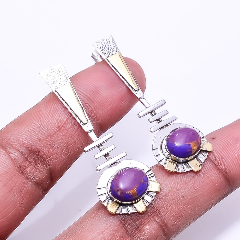 Copper Purple Turquoise Gemstone Gemstone 925 Silver Two Tone Earring 1.95″ E50