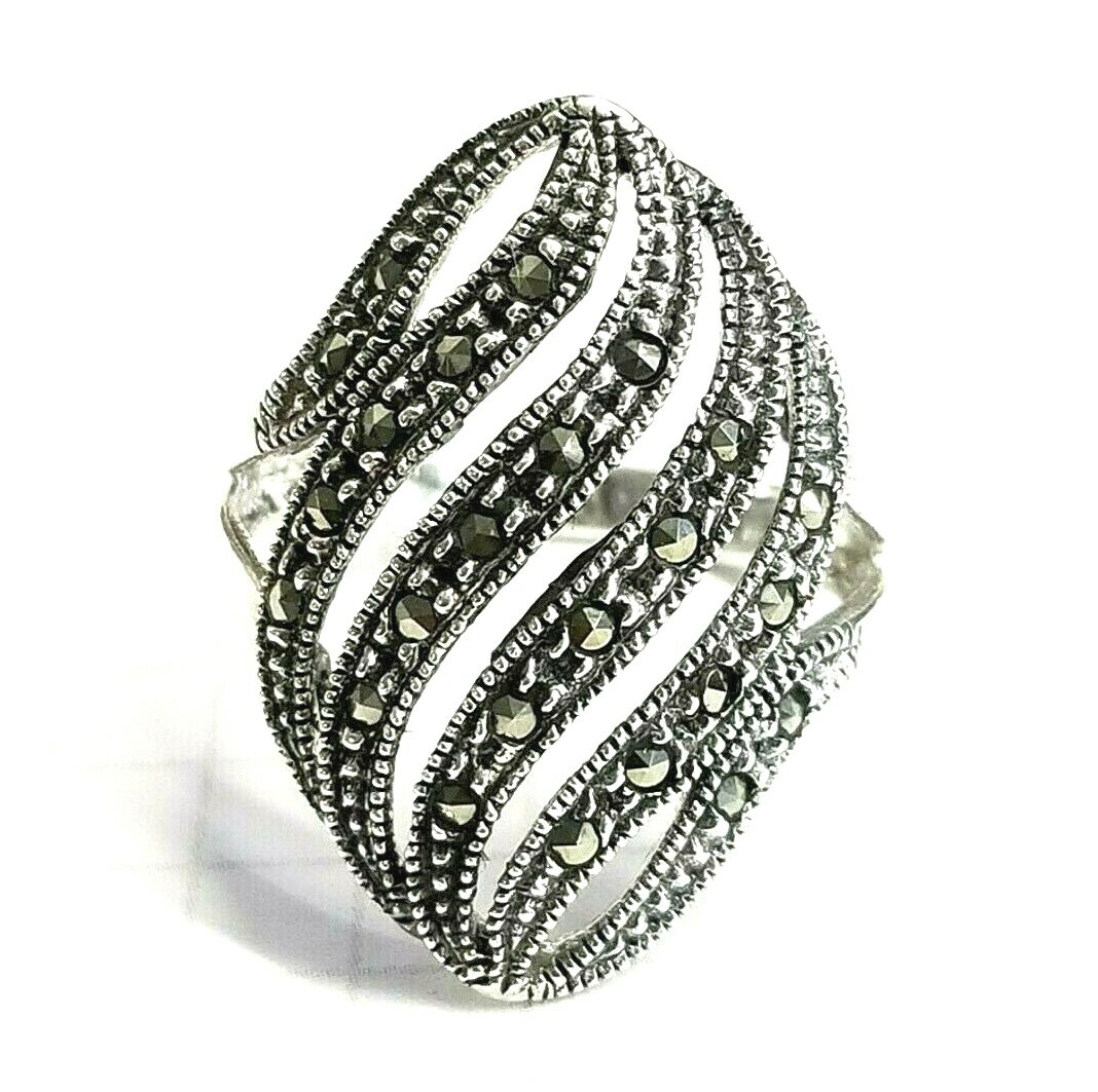 (SIZE 6,7,8,9) ELEGANT MARCASITE WAVES RING .925 STERLING SILVER