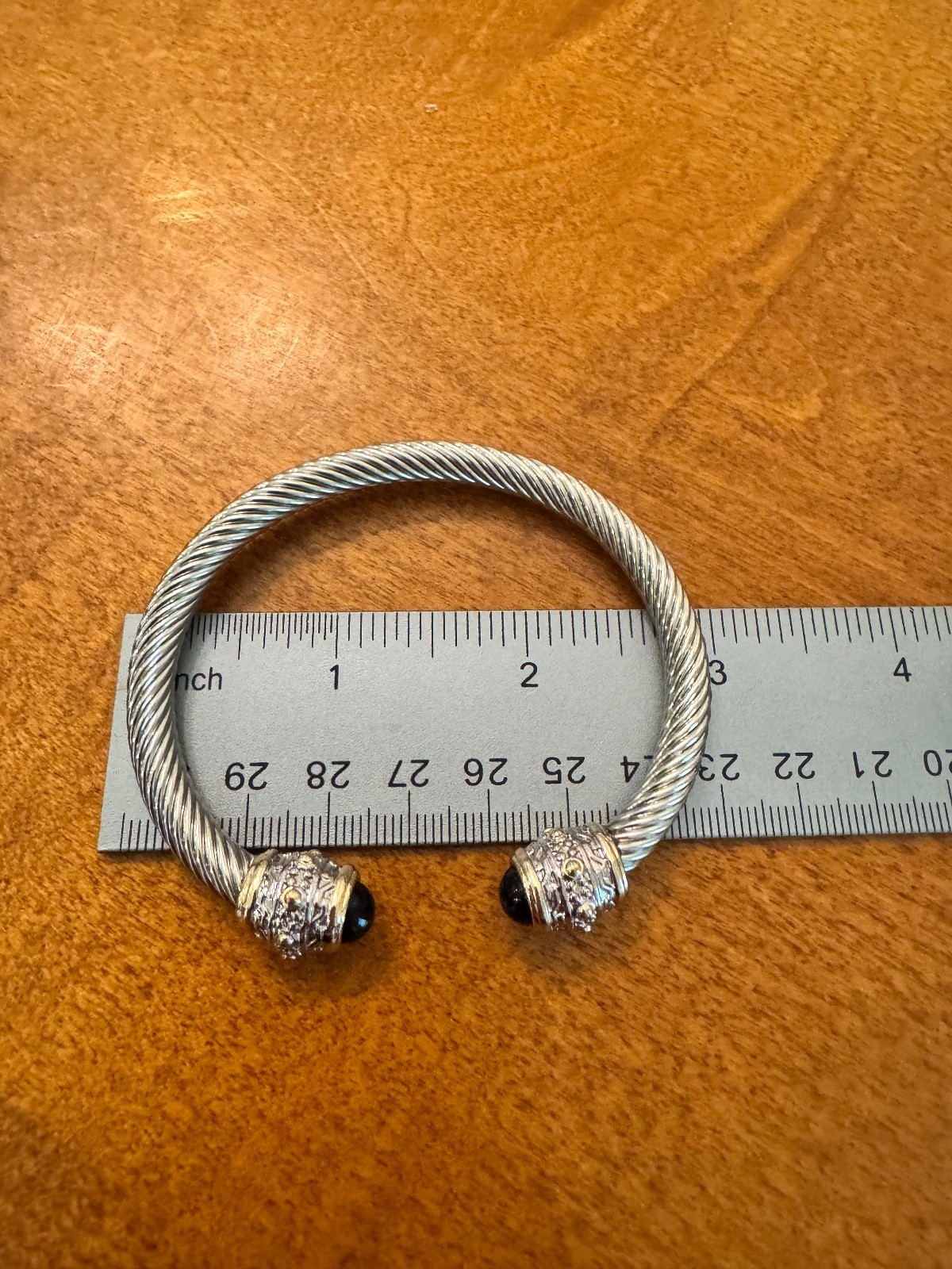 Silver-Tone Twisted Cable Cuff Bracelet with Black Stone Ends 351