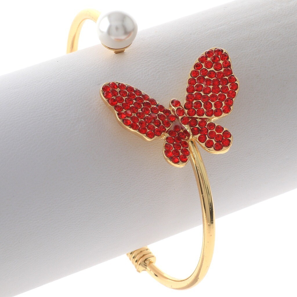 Gold Tone Gold Plated Stretch Fold-Over Bracelet With Rhinestone BSG751-RED