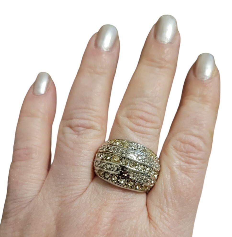 Silvertone Clear Crystal Domed Ring Size 10 Unisex Wide Band Pave Setting