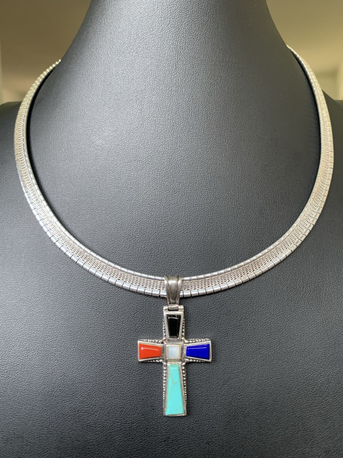 925 Sterling Silver Omega Necklace 8mm 18″ Italy Reversible with Cross 40 Grams