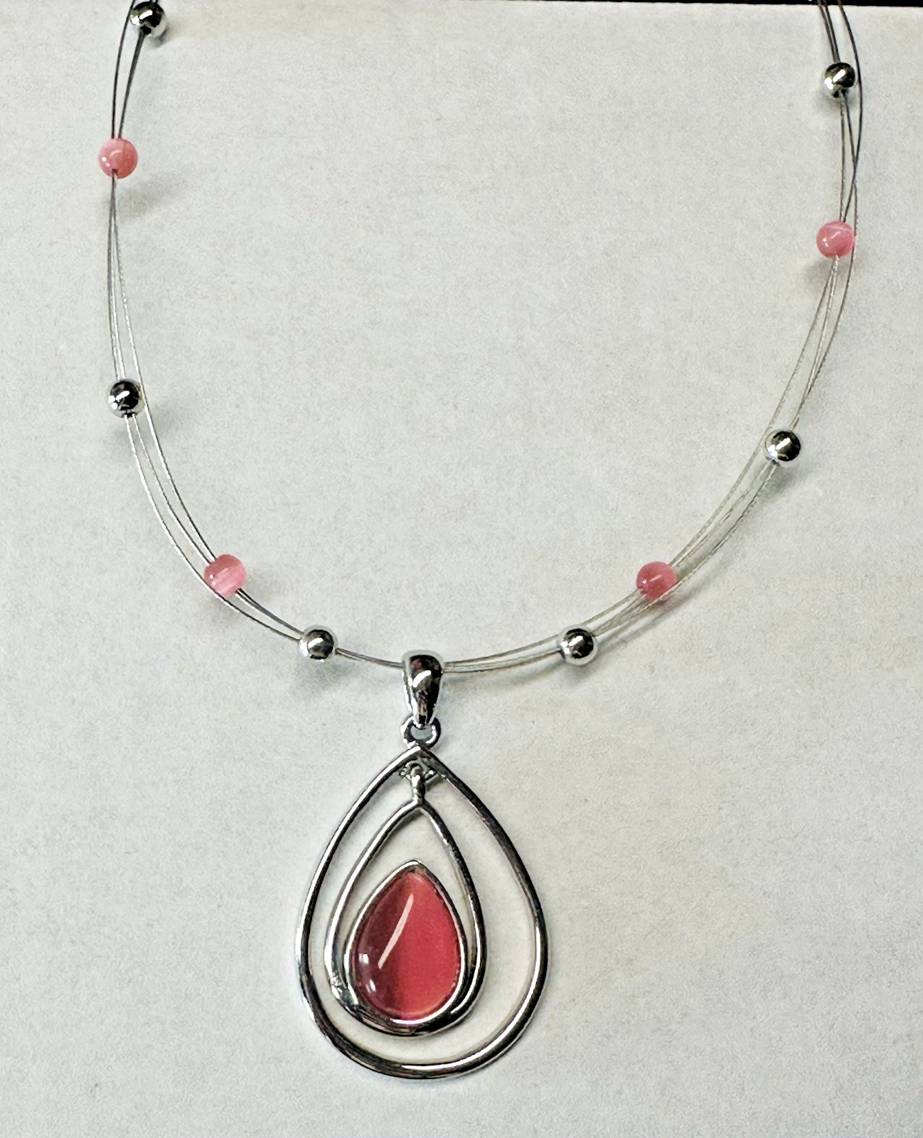 Lia Sophia Pink Cat Eye Pendant Necklace & Hoop Earrings Silver Tone Set