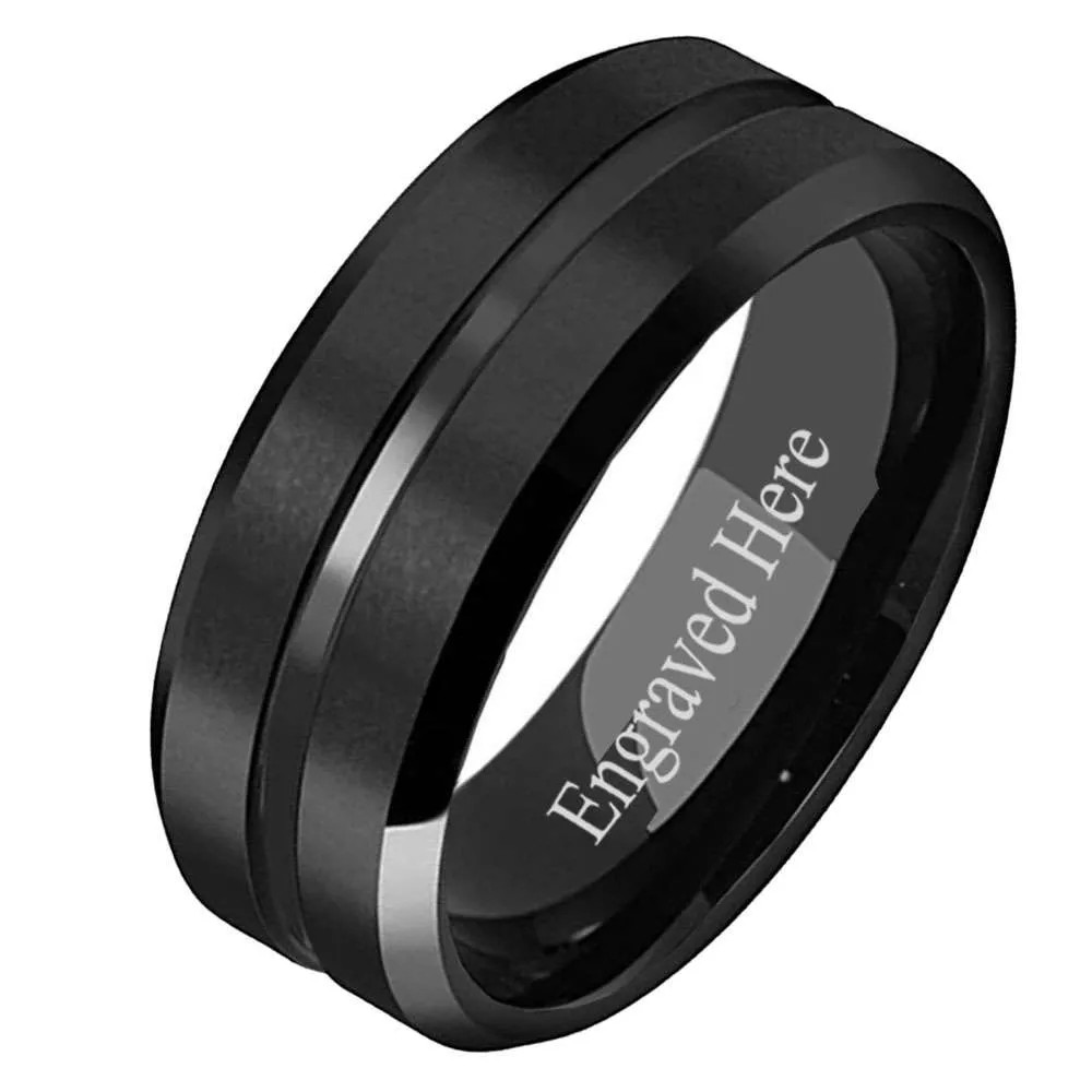8mm Black Grooved Tungsten Ring Mens Custom Engagement Band