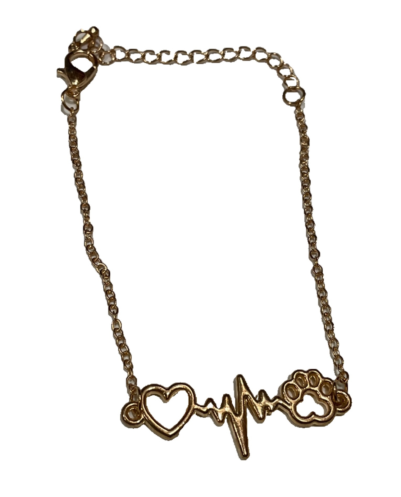 Puppy Love Paw Print Bracelet With EKG Symbol & Heart Gold Toned Adjustable 6-8”
