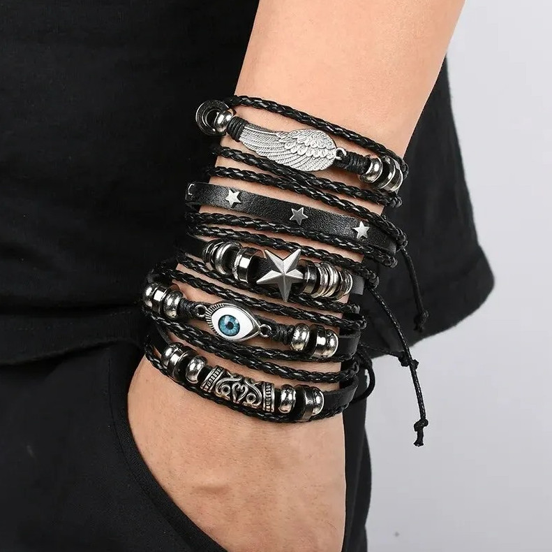 5pcs Punk Style Braided Bracelet Set – Wing & Star Design Leather Wristbands