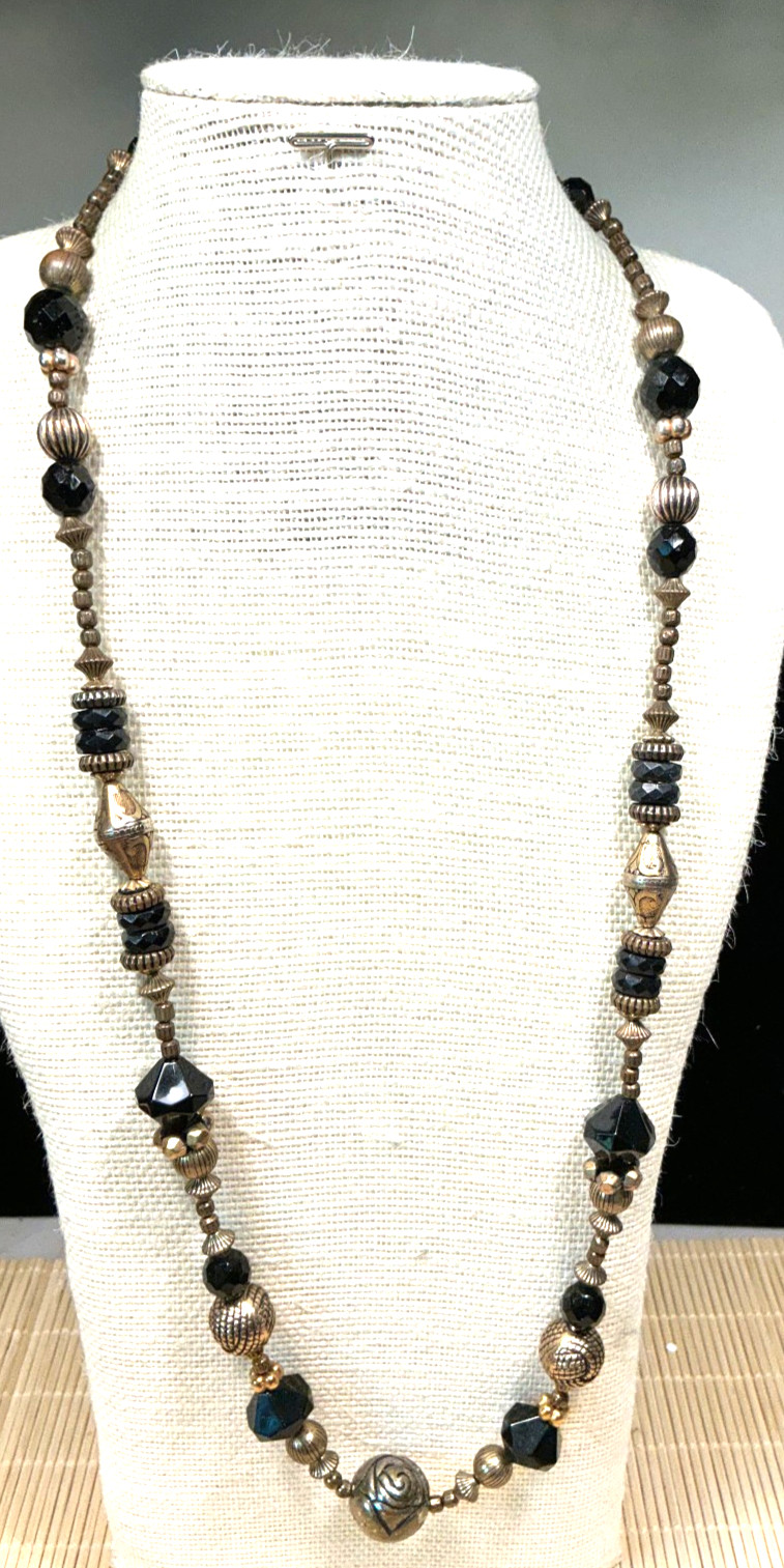 Fashion Necklace Black Plastic Glass Brass Beaded Strand Lot 103D