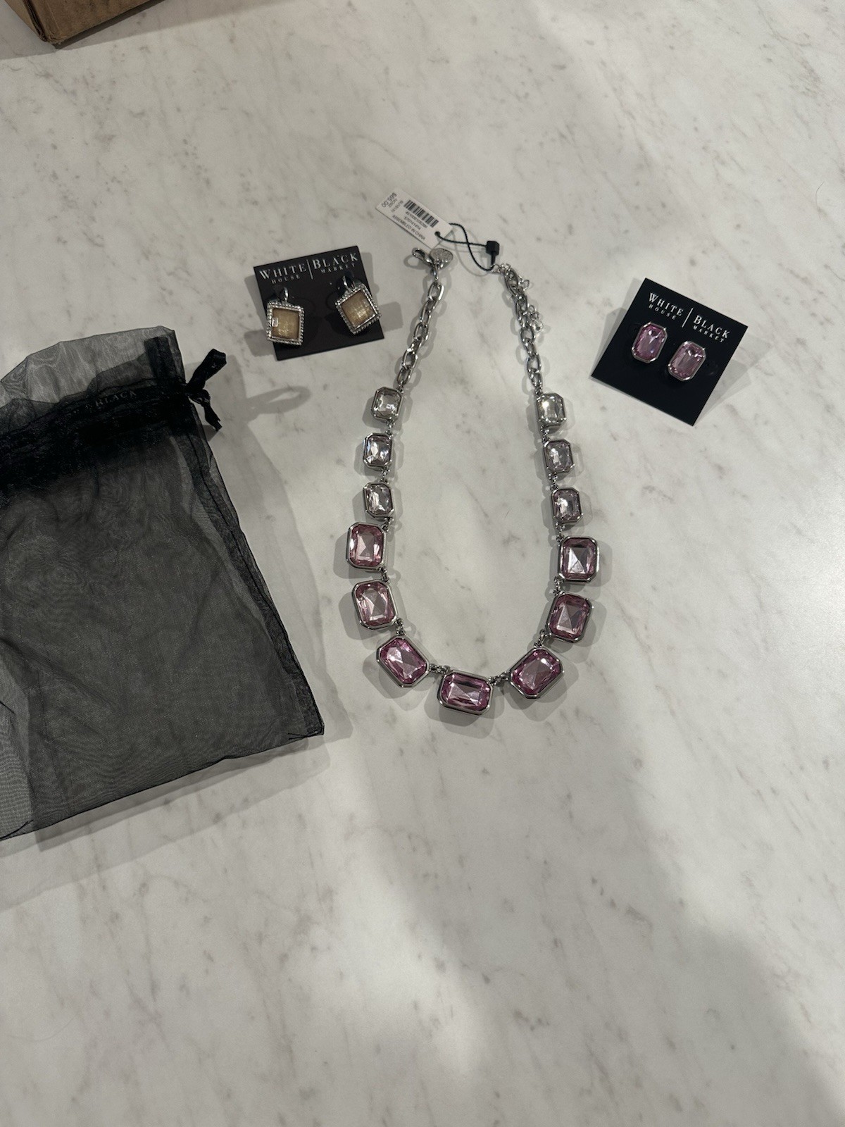 White House Black Market Silver-Tone Pink Crystal Collar Necklace
