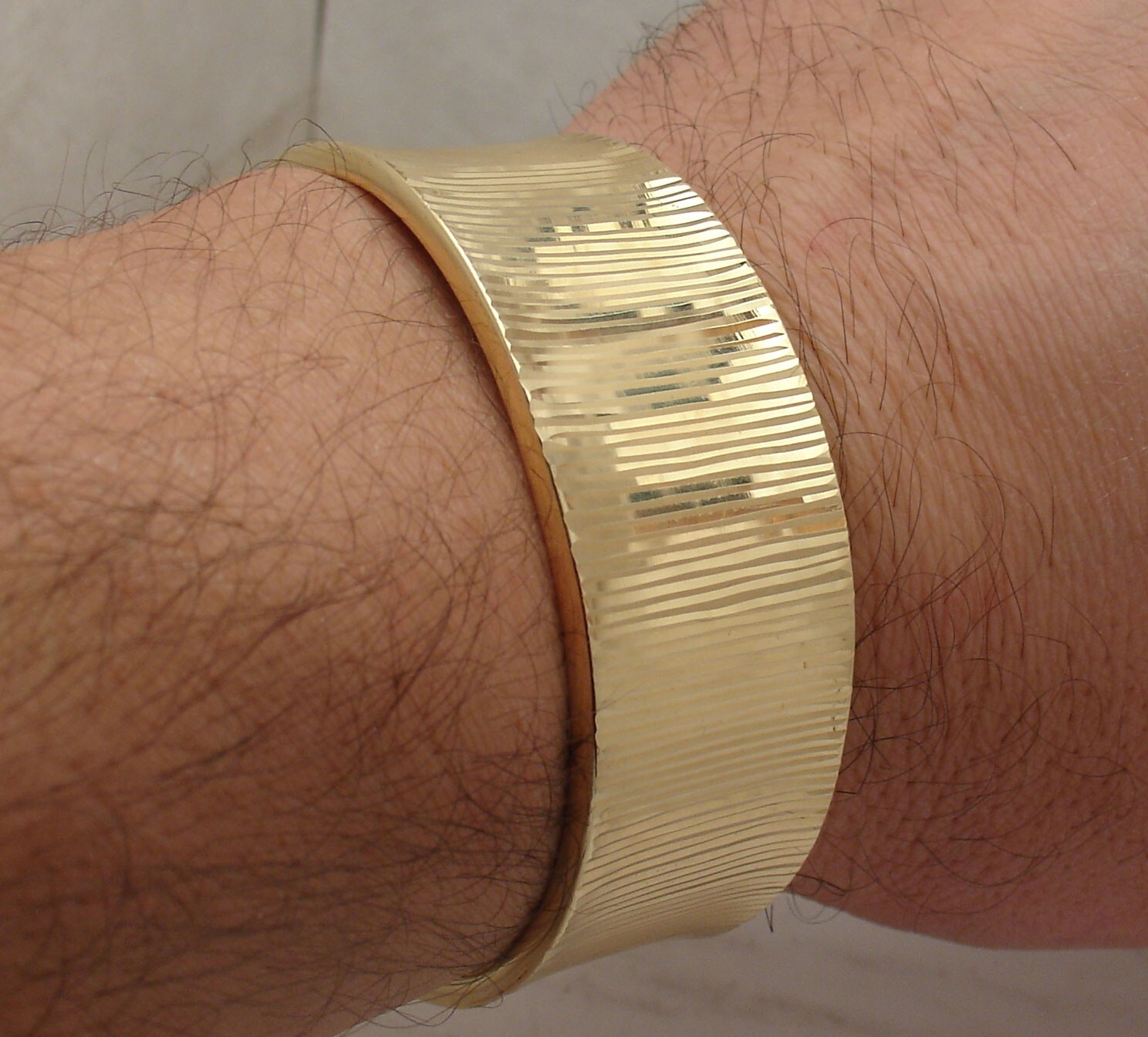 Technibond Bold Diamond Cut Cuff Bangle Bracelet 14K Yellow Gold Plated Silver