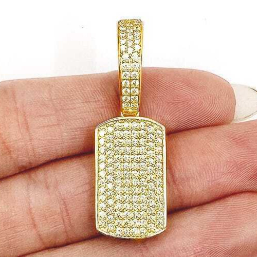 10K Yellow Gold Simulated Diamond Dog Tag Pendant 1.5″